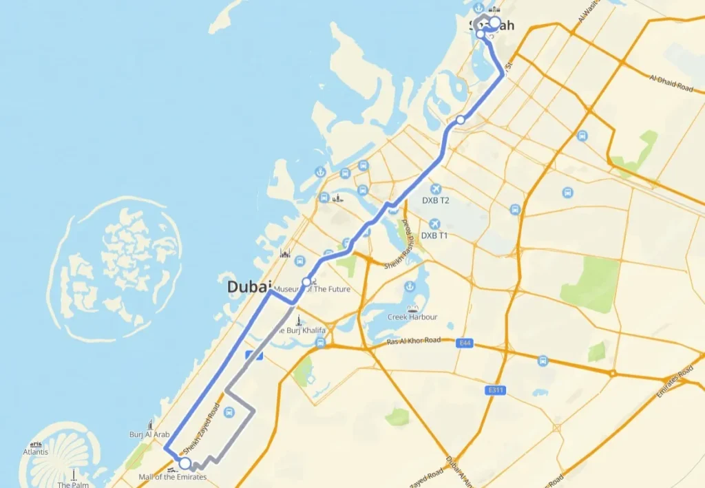 309 Bus Route Map Dubai to Sharjah showing Interchange 4, Al Quoz, Al Wahda Road and Al Rolla Terminal