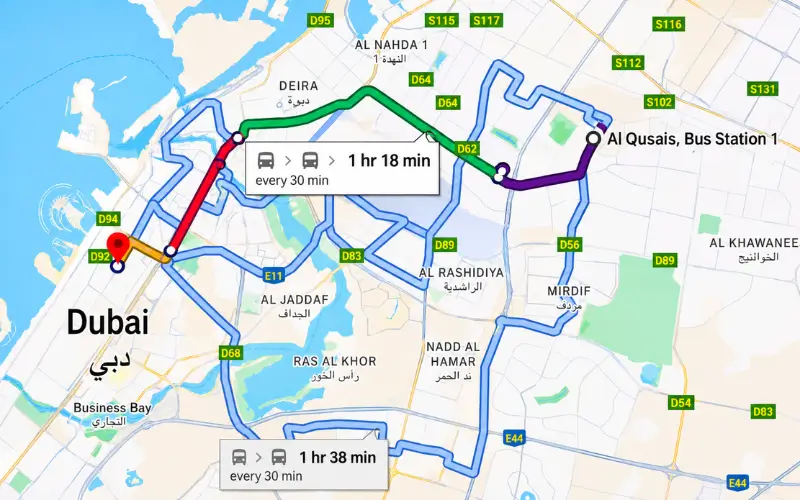 32C Bus Timetable Route Map from Satwa Bus Station to Al Qusais Bus Station Dubai