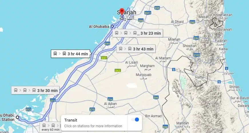 Abu Dhabi to Sharjah Bus Route Map