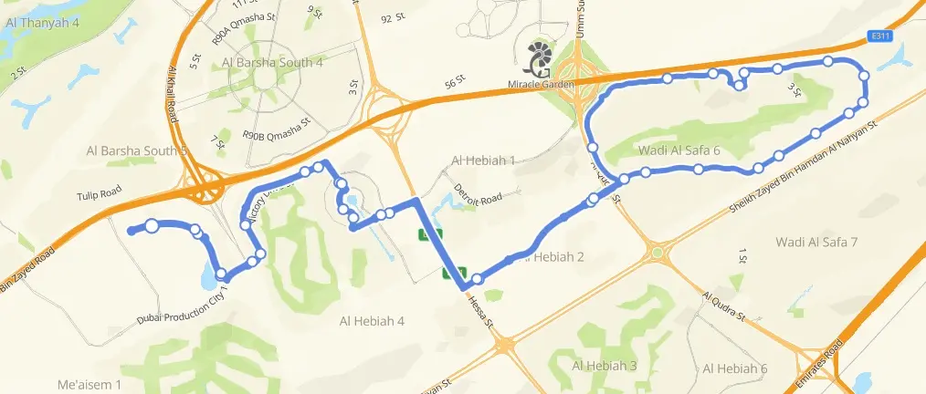 J02 Bus Route Map 2026 from Dubai Production City to Arabian Ranches and Mira