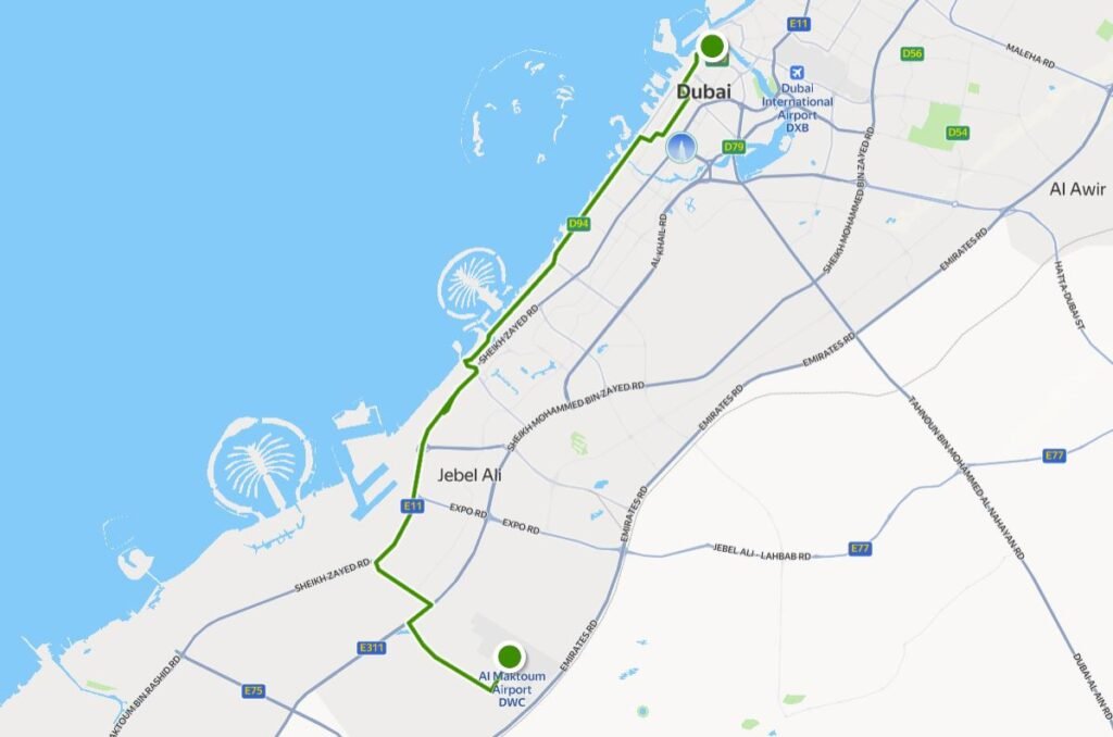 N55 Bus Route Map Dubai 2026 from Al Ghubaiba Bus Station to Al Maktoum International Airport