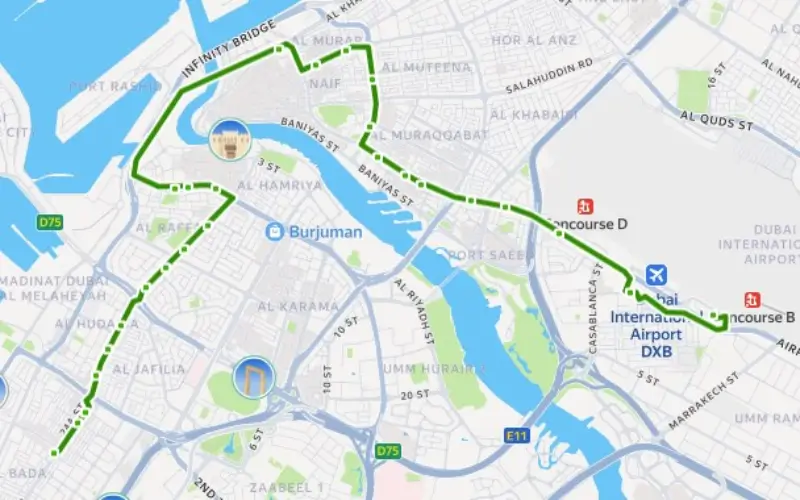 C1 Bus Route Dubai Map 2026 from Airport Terminal 3 to Al Satwa Bus Station