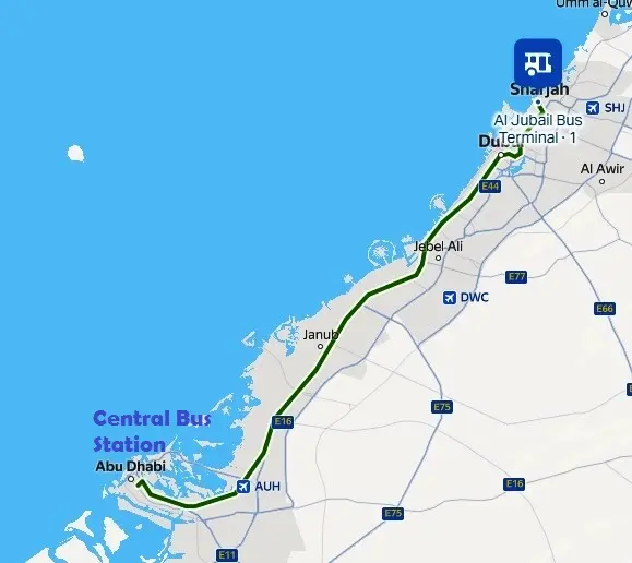 Sharjah to Abu Dhabi Bus Route 117 Map 2026