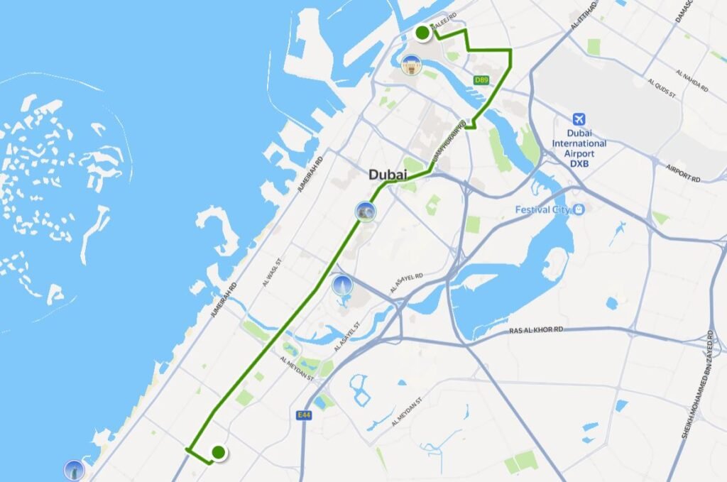 10 Bus Route Dubai map showing the journey from Gold Souq Bus Station to Al Quoz Bus Station with major stops.