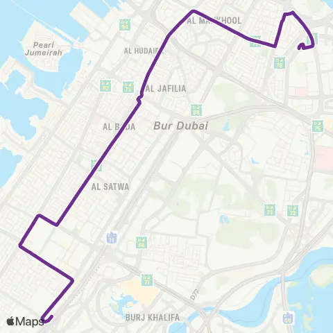 14 Bus Route map from Oud Metha Bus Station to Business Bay Metro Station