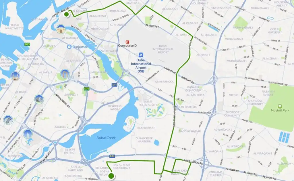64 bus route map from Gold Souq Bus Station to Ras Al Khor Dubai