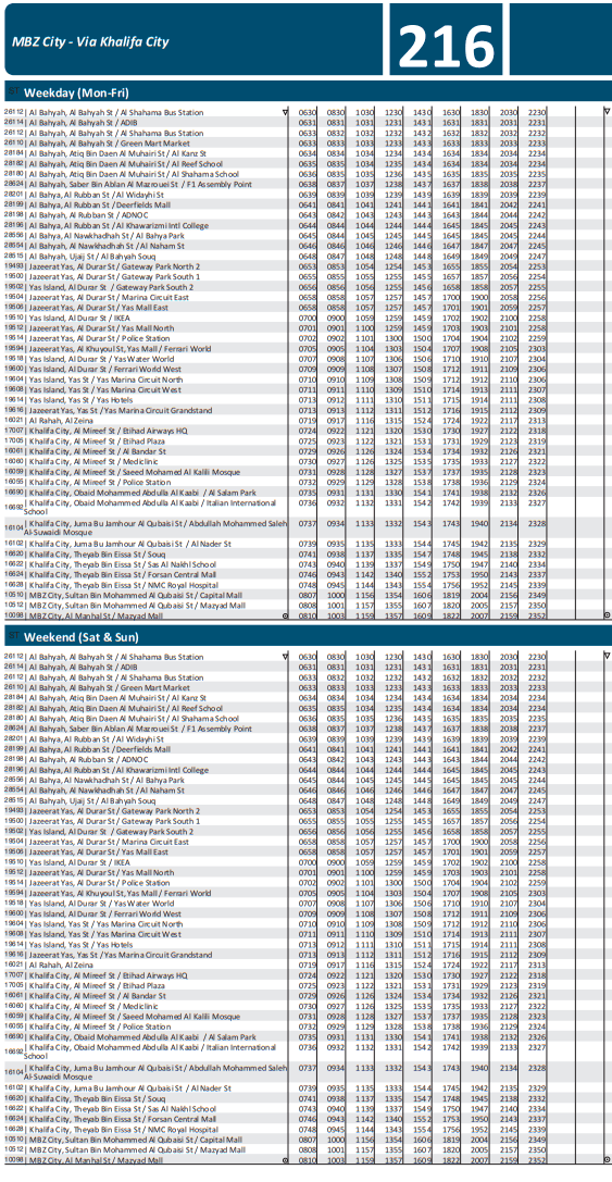 216 bus route abu dhabi timings