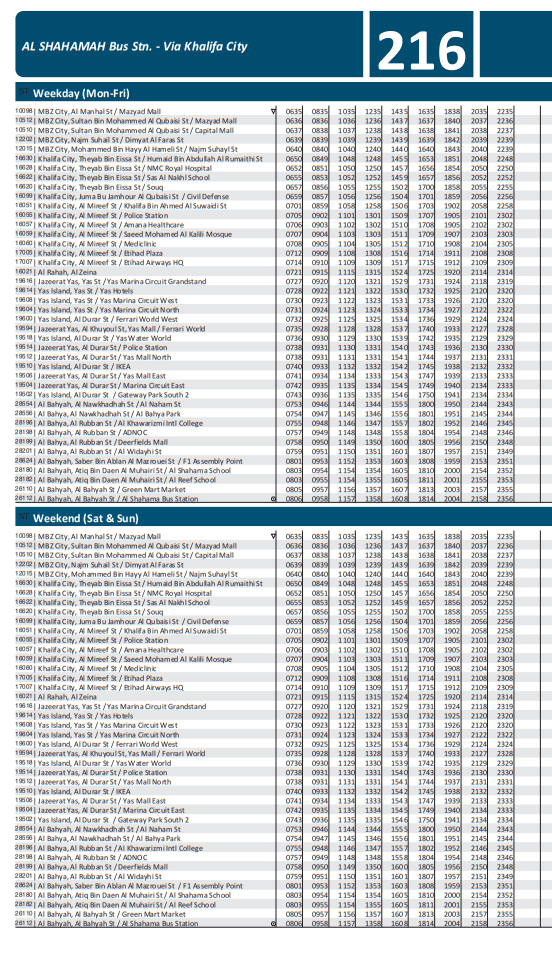 216 bus route abu dhabi timings